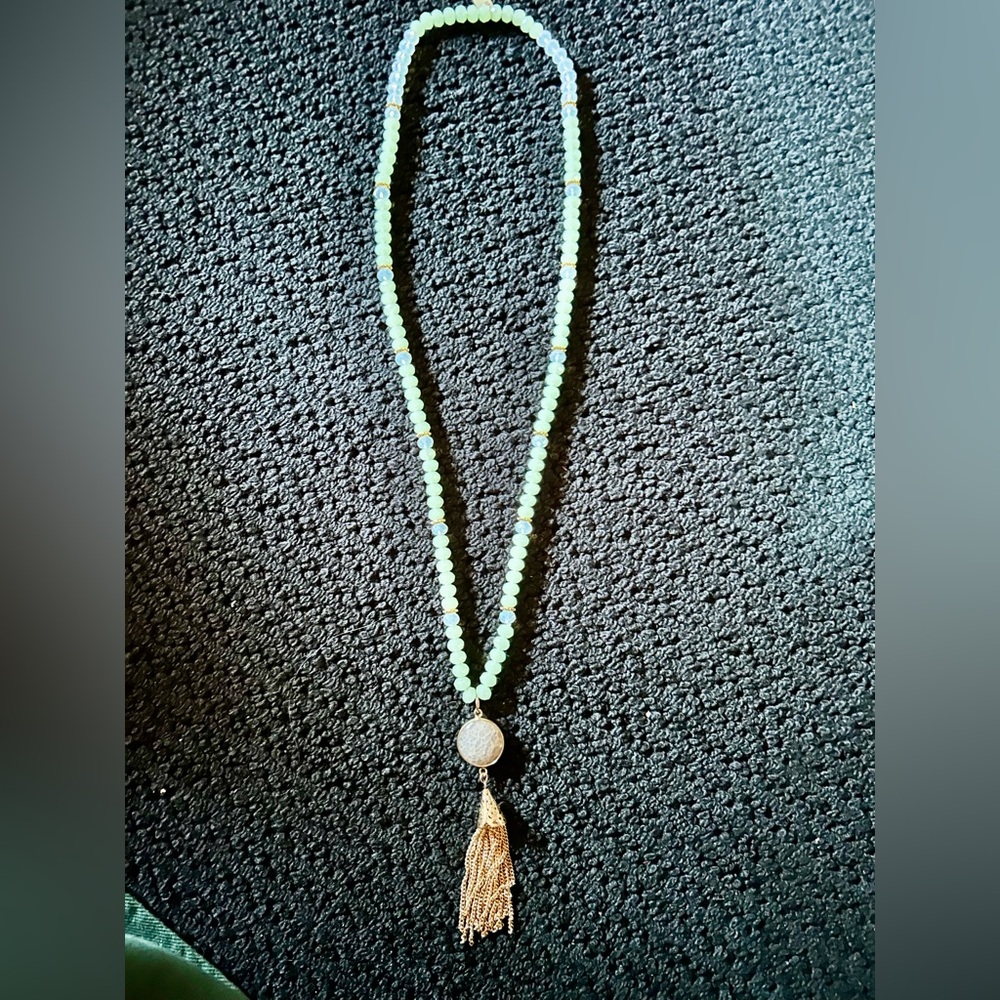 Mint Green / Crystal Beaded Gold Tassel Pendant Necklace
